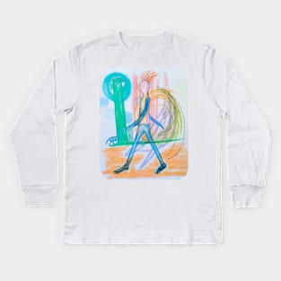 quirky blue figure walking Kids Long Sleeve T-Shirt